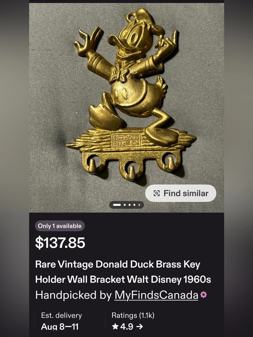 Authentic 1960s MBFL Donald Duck brass wall key brackets - rare vintage